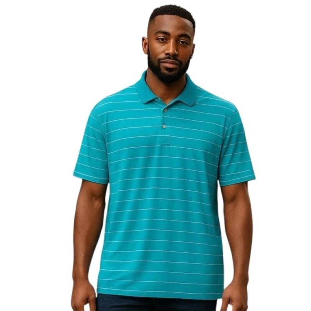 Walter Hagen Mens Turquoise White Polo Shirt XXL Striped Short Sleeve Golf Tee